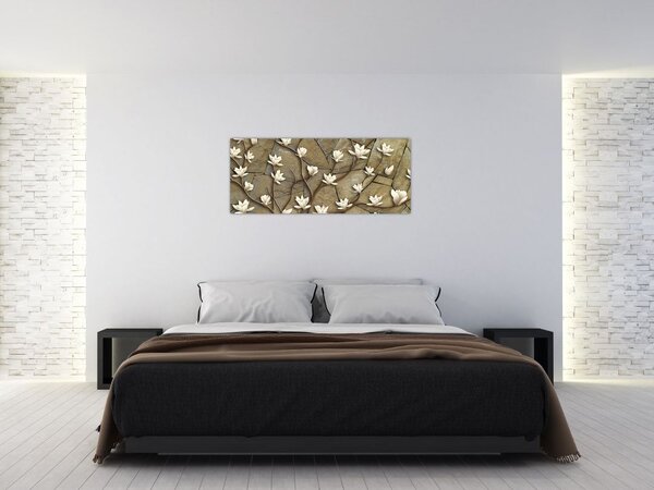 Slika - Bele magnolije na kamnitem zidu (120x50 cm)