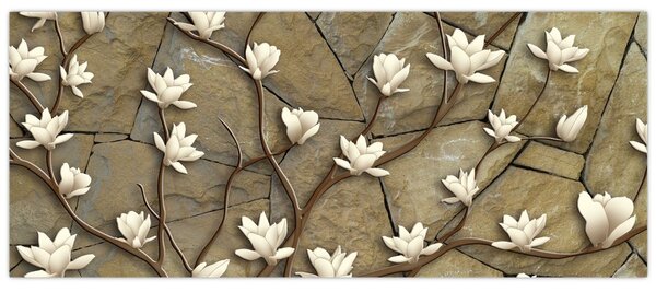 Slika - Bele magnolije na kamnitem zidu (120x50 cm)
