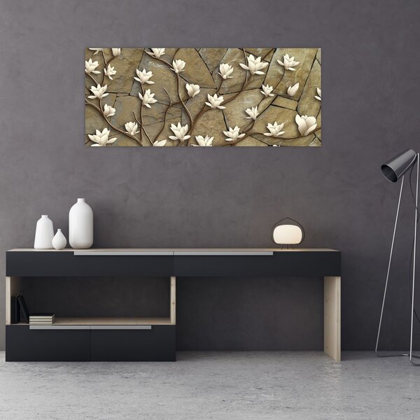 Slika - Bele magnolije na kamnitem zidu (120x50 cm)