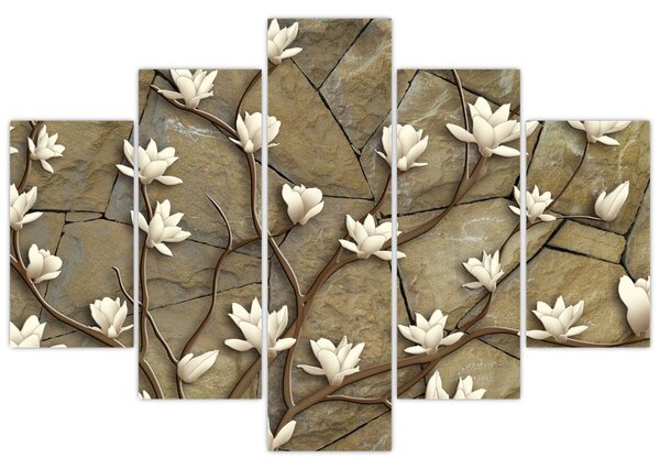 Slika - Bele magnolije na kamnitem zidu (150x105 cm)