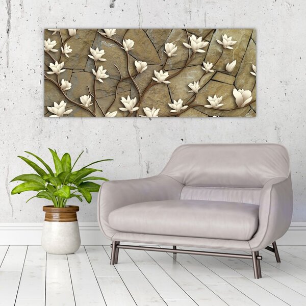 Slika - Bele magnolije na kamnitem zidu (120x50 cm)
