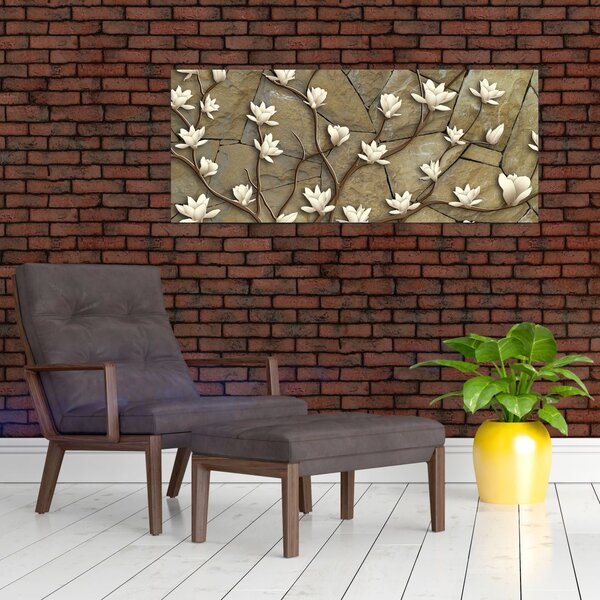 Slika - Bele magnolije na kamnitem zidu (120x50 cm)