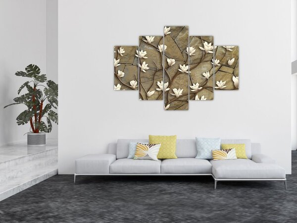 Slika - Bele magnolije na kamnitem zidu (150x105 cm)