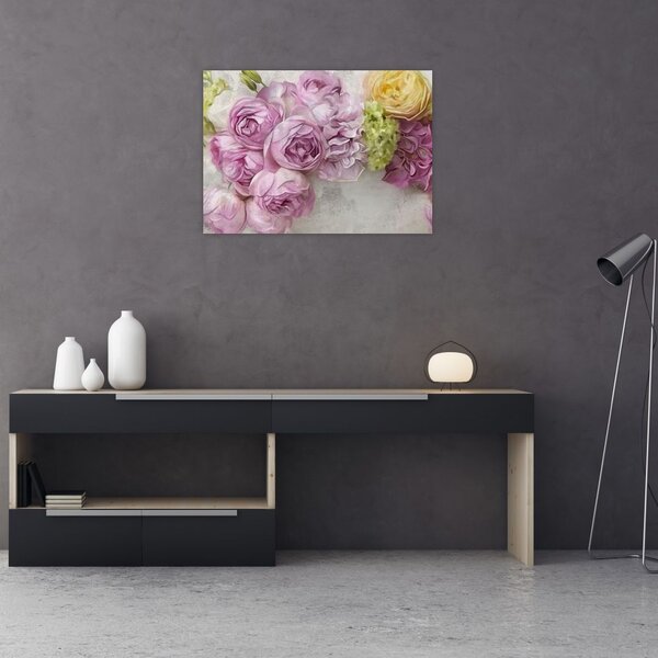 Slika - Rože na steni v pastelnih barvah (70x50 cm)
