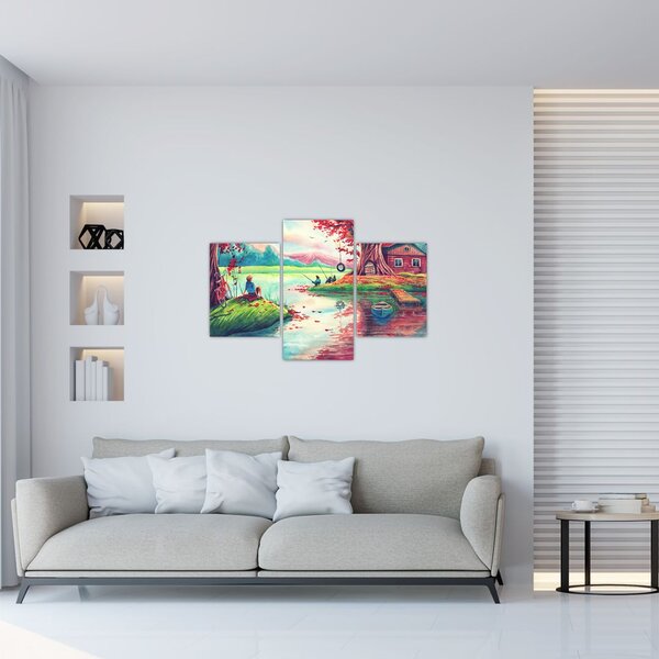 Slika - Akvarel, Zaliv v gorski vasi (90x60 cm)