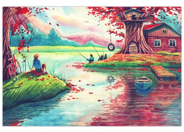 Slika - Akvarel, Zaliv v gorski vasi (90x60 cm)