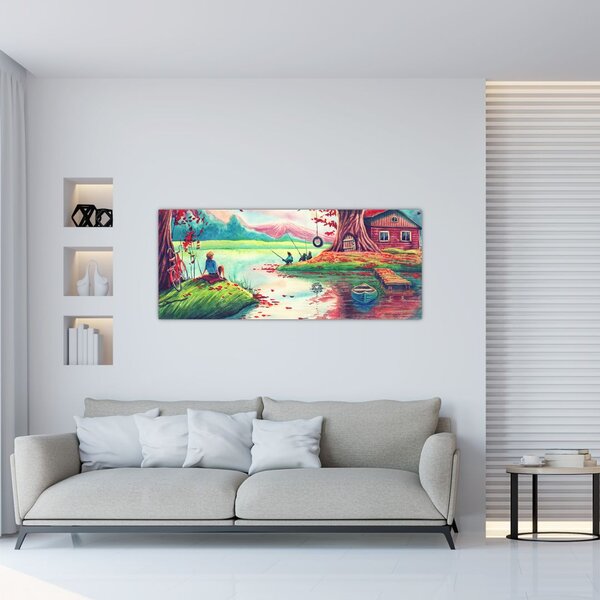 Slika - Akvarel, Zaliv v gorski vasi (120x50 cm)