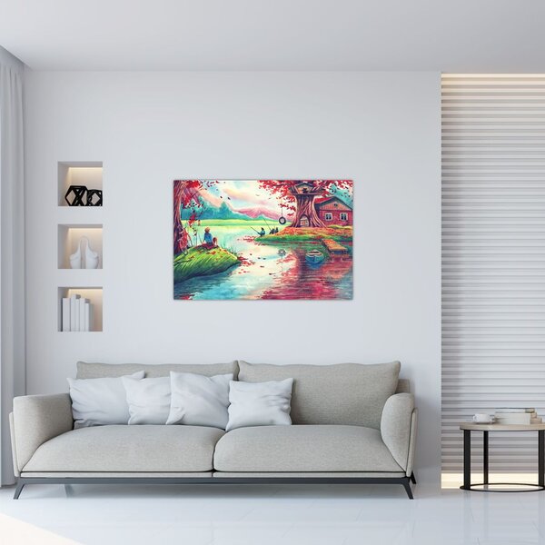 Slika - Akvarel, Zaliv v gorski vasi (90x60 cm)