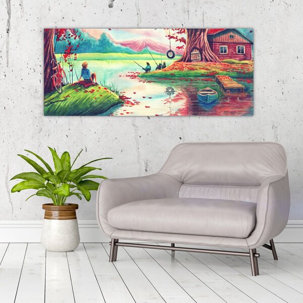 Slika - Akvarel, Zaliv v gorski vasi (120x50 cm)