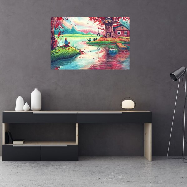 Slika - Akvarel, Zaliv v gorski vasi (90x60 cm)