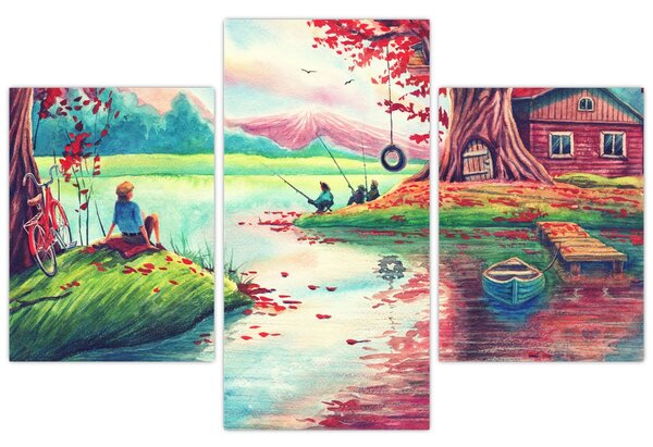 Slika - Akvarel, Zaliv v gorski vasi (90x60 cm)