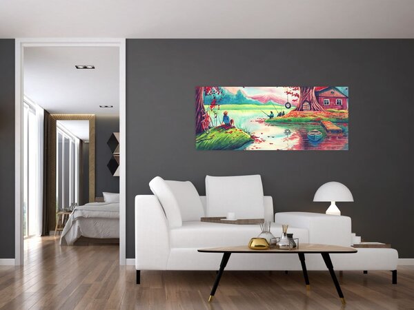 Slika - Akvarel, Zaliv v gorski vasi (120x50 cm)