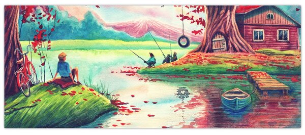Slika - Akvarel, Zaliv v gorski vasi (120x50 cm)