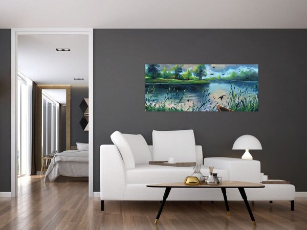 Slika - Oljna slika, Zgodnji poletni večer ob jezeru (120x50 cm)