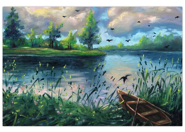 Slika - Oljna slika, Zgodnji poletni večer ob jezeru (90x60 cm)