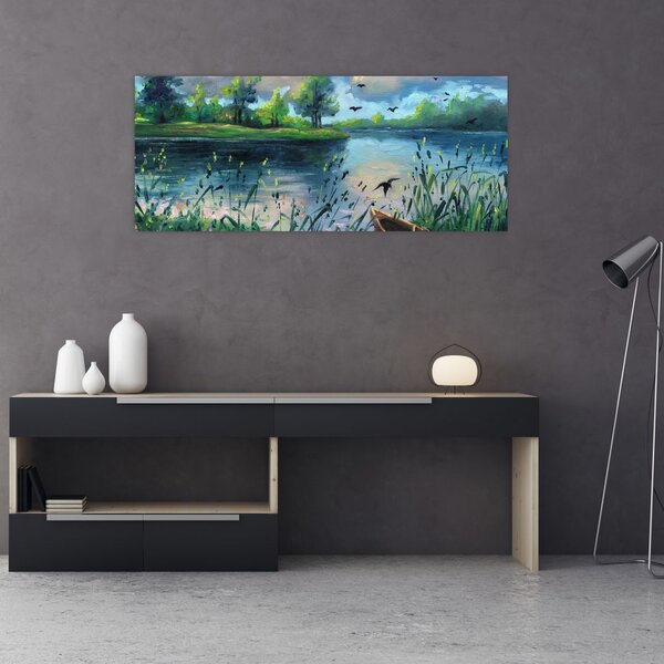 Slika - Oljna slika, Zgodnji poletni večer ob jezeru (120x50 cm)