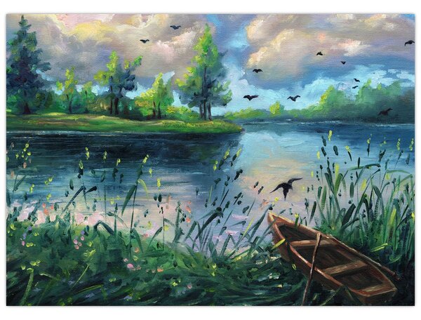 Slika - Oljna slika, Zgodnji poletni večer ob jezeru (70x50 cm)