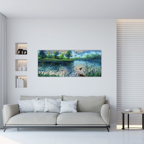 Slika - Oljna slika, Zgodnji poletni večer ob jezeru (120x50 cm)