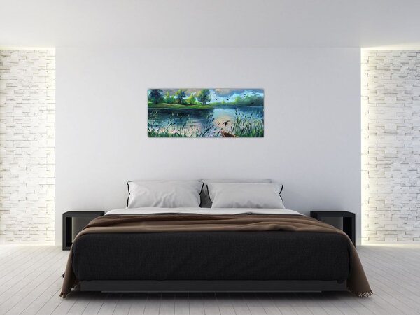 Slika - Oljna slika, Zgodnji poletni večer ob jezeru (120x50 cm)
