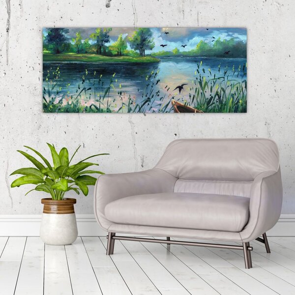 Slika - Oljna slika, Zgodnji poletni večer ob jezeru (120x50 cm)