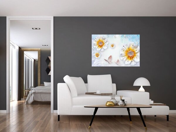 Slika - Kompozicija z rožami in metulji (90x60 cm)