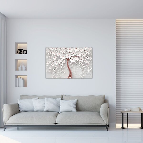 Slika belega drevesa s cvetovi, rožnato zlato (90x60 cm)