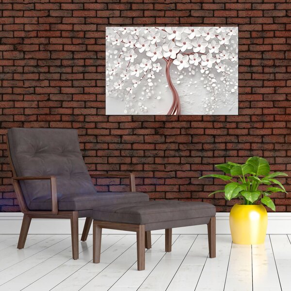 Slika belega drevesa s cvetovi, rožnato zlato (90x60 cm)