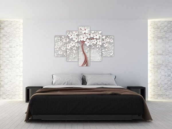 Slika belega drevesa s cvetovi, rožnato zlato (150x105 cm)