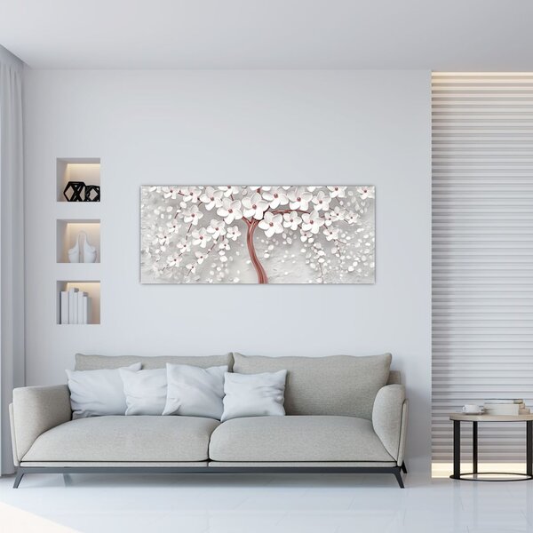 Slika belega drevesa s cvetovi, rožnato zlato (120x50 cm)