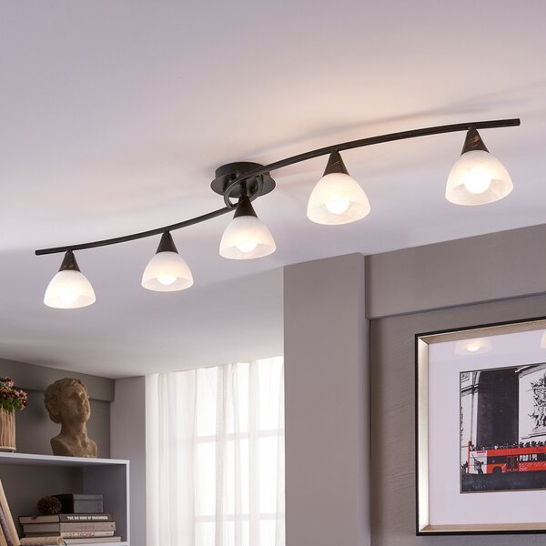Lindby stropna lampa Della, crno-zlatna, 110 cm, 5 žarulja, E14, prigušiva, Crno, Dnevni boravak/blagovaonica, Staklo