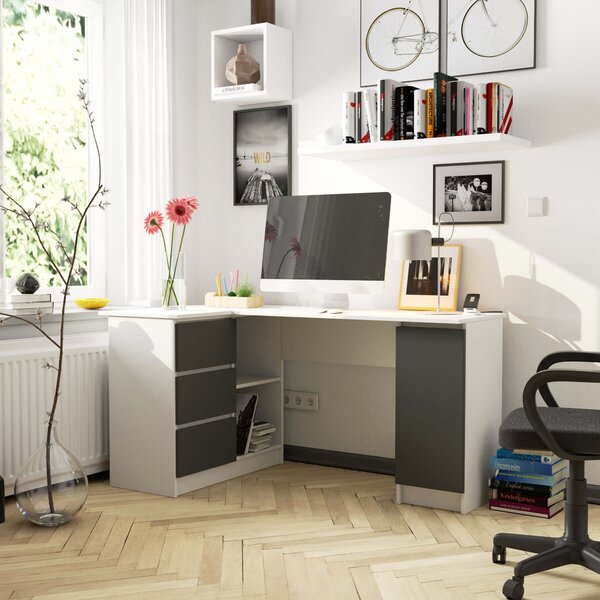 Kutni PC stolić Bienvenida (bijela + grafit) (L)