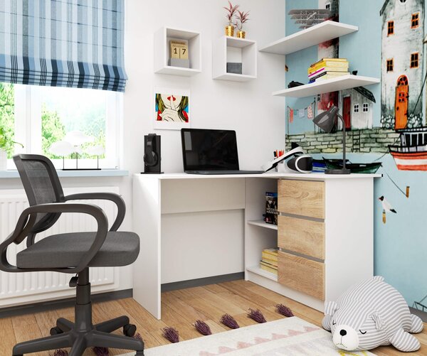 Kutni PC stolić Bodhi (bijela + hrast sonoma) (D)