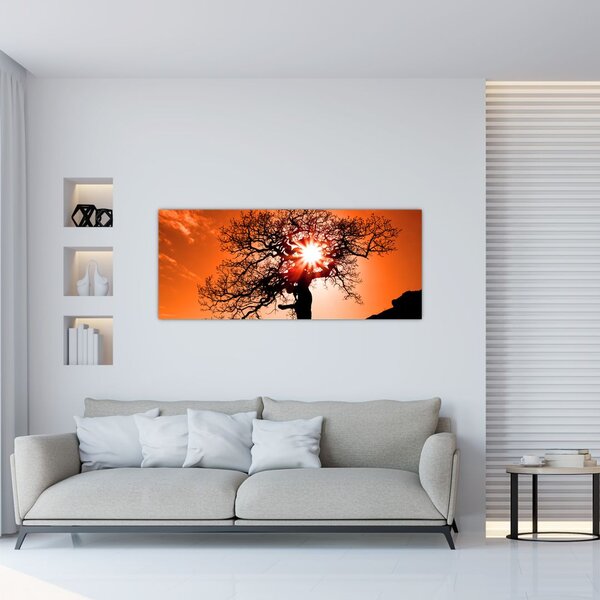Slika - Stablo hrasta pri zalasku sunca (120x50 cm)