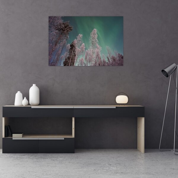 Slika polarne svjetlosti nad zaleđenim drvećem (90x60 cm)