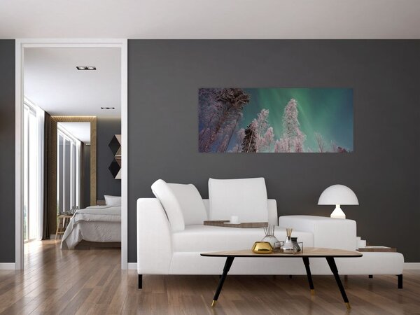 Slika polarne svjetlosti nad zaleđenim drvećem (120x50 cm)