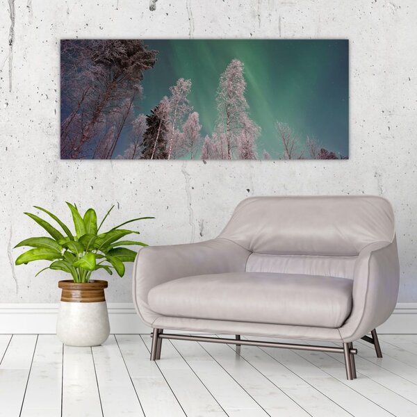 Slika polarne svjetlosti nad zaleđenim drvećem (120x50 cm)