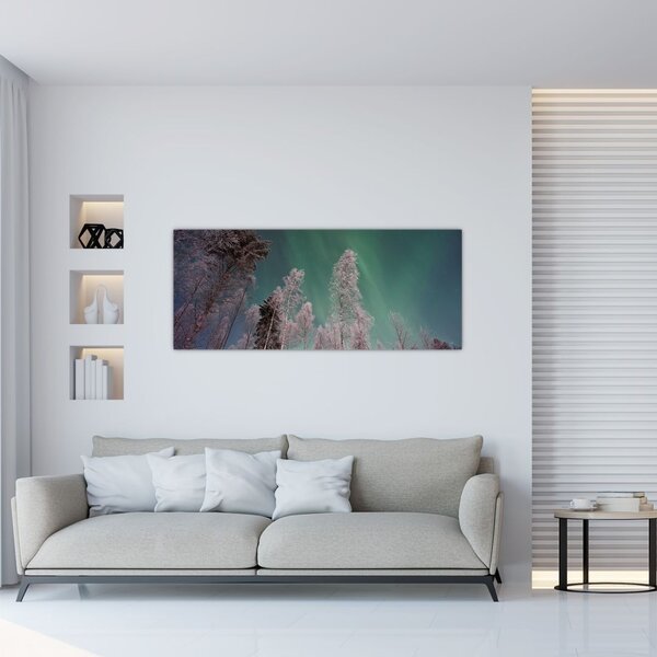 Slika polarne svjetlosti nad zaleđenim drvećem (120x50 cm)