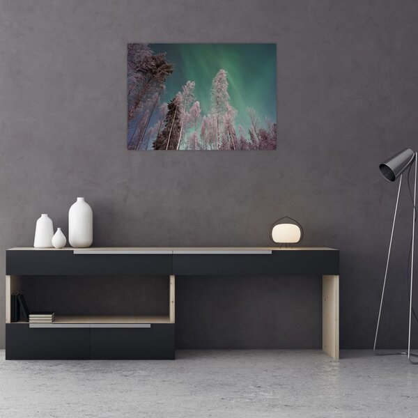 Slika polarne svjetlosti nad zaleđenim drvećem (70x50 cm)