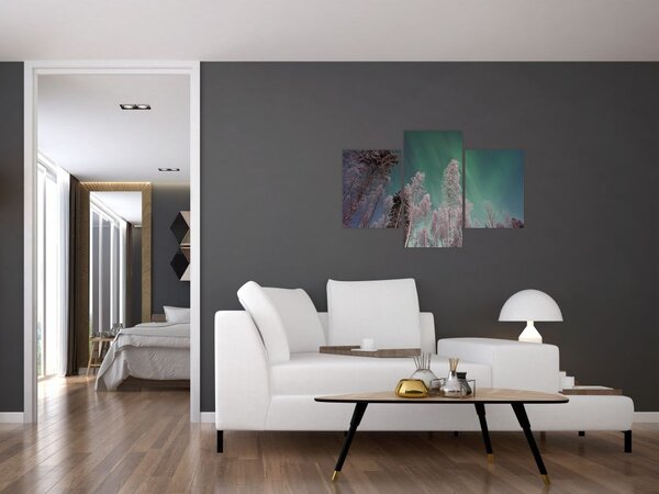 Slika polarne svjetlosti nad zaleđenim drvećem (90x60 cm)