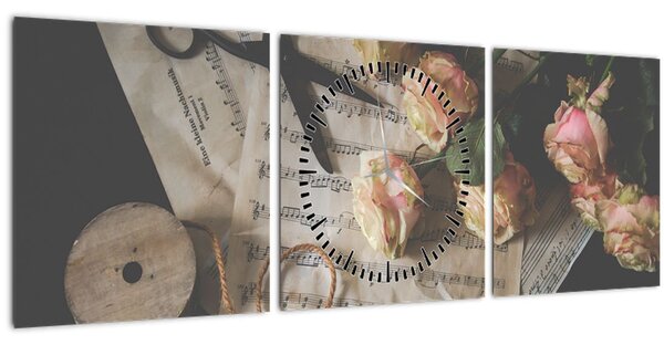 Slika glazbenih nota i ruža (sa satom) (90x30 cm)