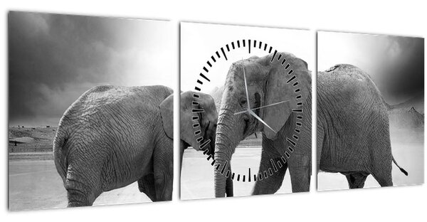 Slika - crno-bijeli slonovi (sa satom) (90x30 cm)
