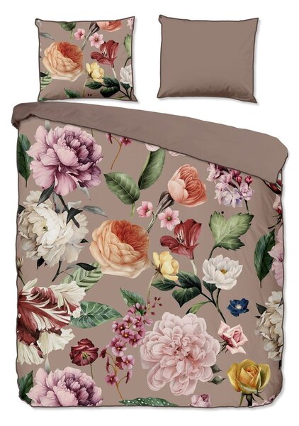 Sivo-smeđa posteljina za bračni krevet od organskog pamuka Descanso Flowery, 200 x 220 cm