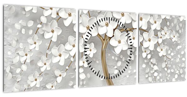 Slika bijelog stabla s cvijećem (sa satom) (90x30 cm)