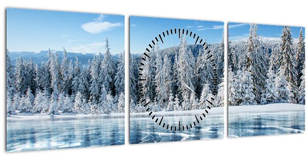 Slika zaleđenog jezera i sniježnih stabala (sa satom) (90x30 cm)
