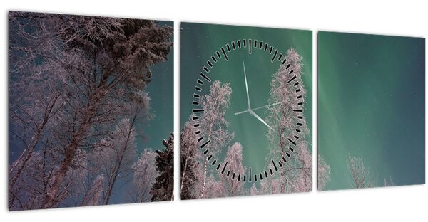 Slika polarne svjetlosti nad zaleđenim drvećem (sa satom) (90x30 cm)