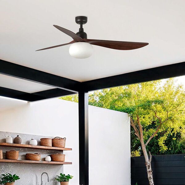 FARO BARCELONA Stropni ventilator Outwood s rasvjetom, smeđi, DC, tih, Ø150 cm, prigušiva, Drvo, Dnevni boravak/blagovaonica, Plastika
