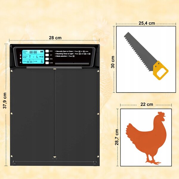Elektronska solarna avtomatska lcd vrata za kokošnjak 38x28cm črna - dexxer