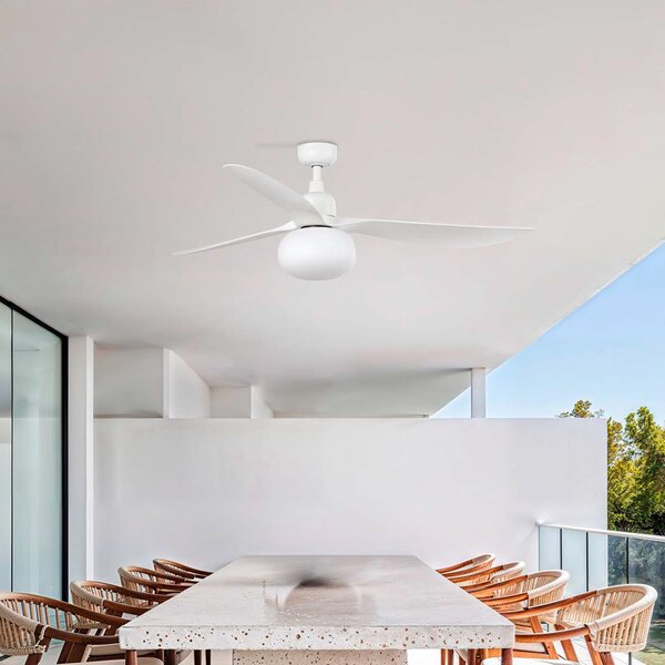 FARO BARCELONA Stropni ventilator Outwood s rasvjetom, bijeli, DC, tih, Ø150 cm, prigušiva, Bijela, Dnevni boravak/blagovaonica, Plastika