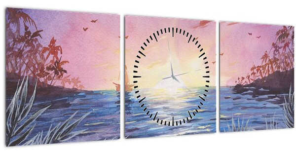 Slika - Sončni zahod nad vodo, akvarel (sa satom) (90x30 cm)