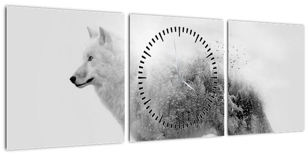 Slika - Arktični volk zrcali divjo pokrajino, črno-belo (sa satom) (90x30 cm)